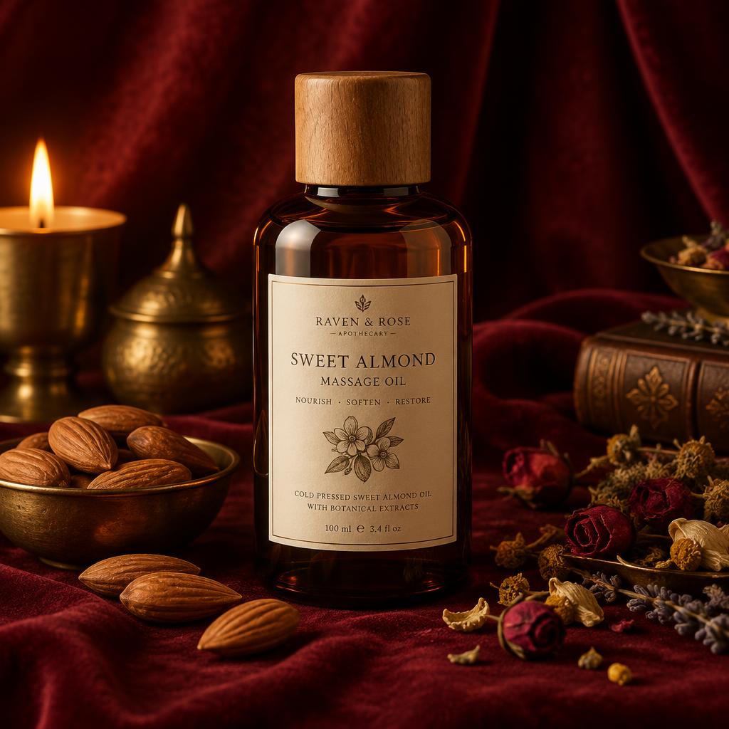 Amber bottle of almond massage oil with botanicals by candlelight