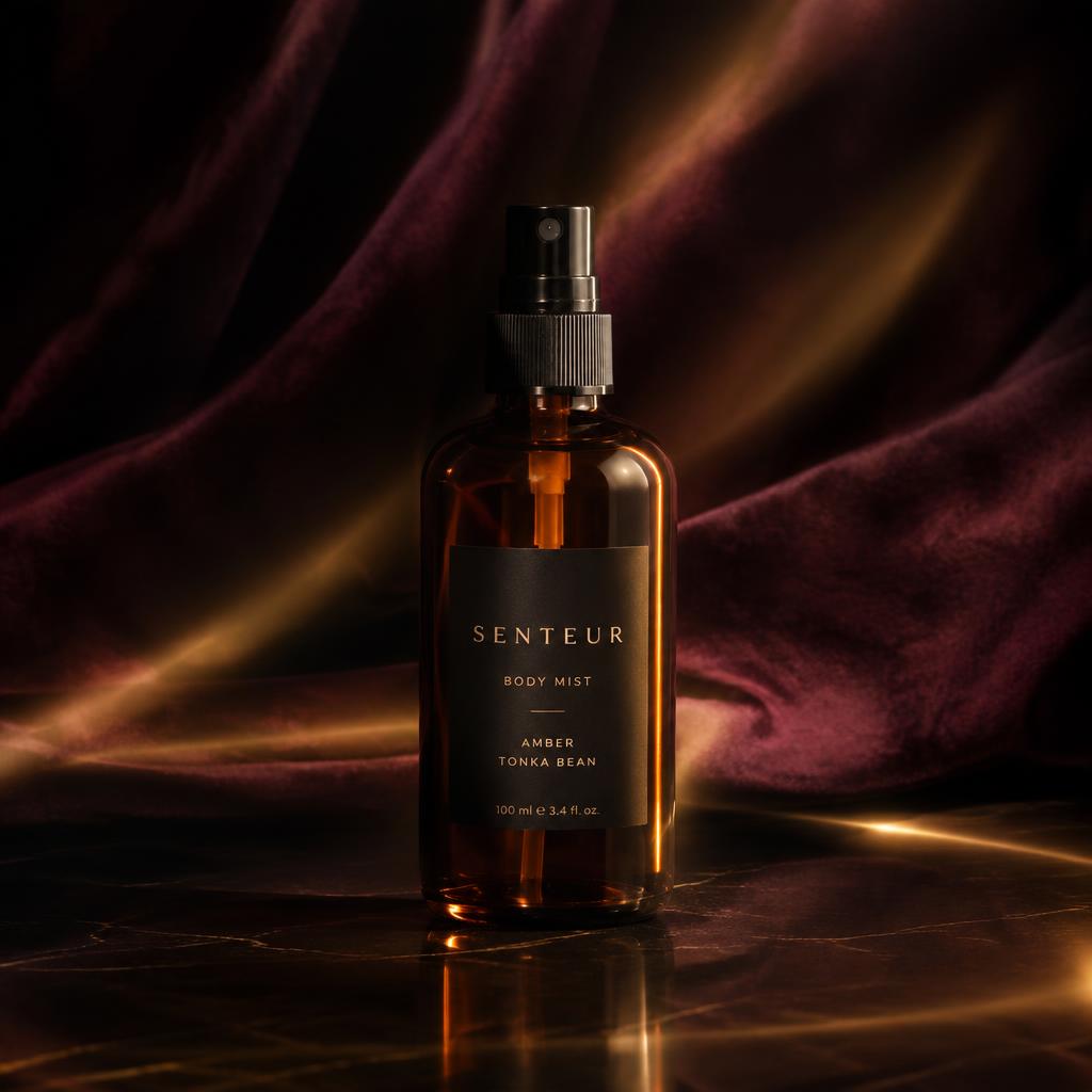Amber glass body mist bottle glowing in warm light