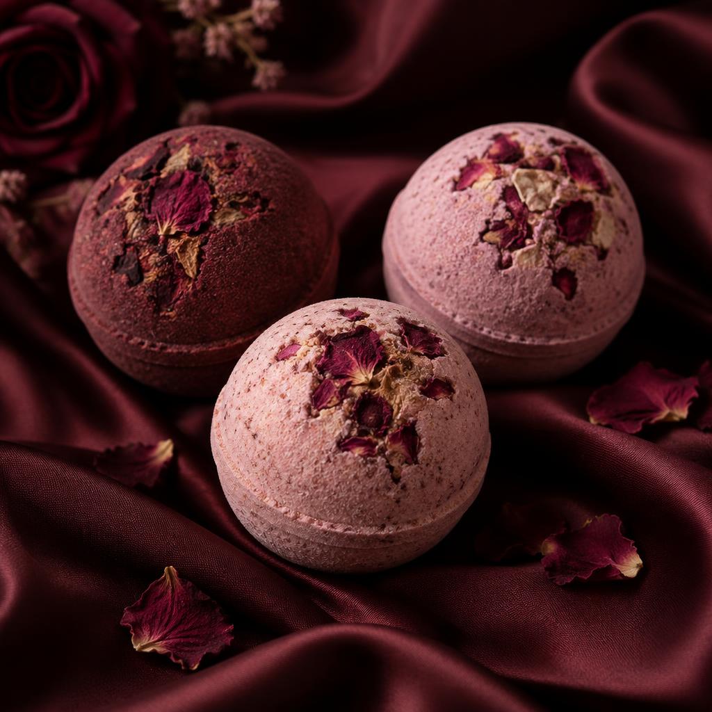 Three rose-toned bath bombs on dark silk