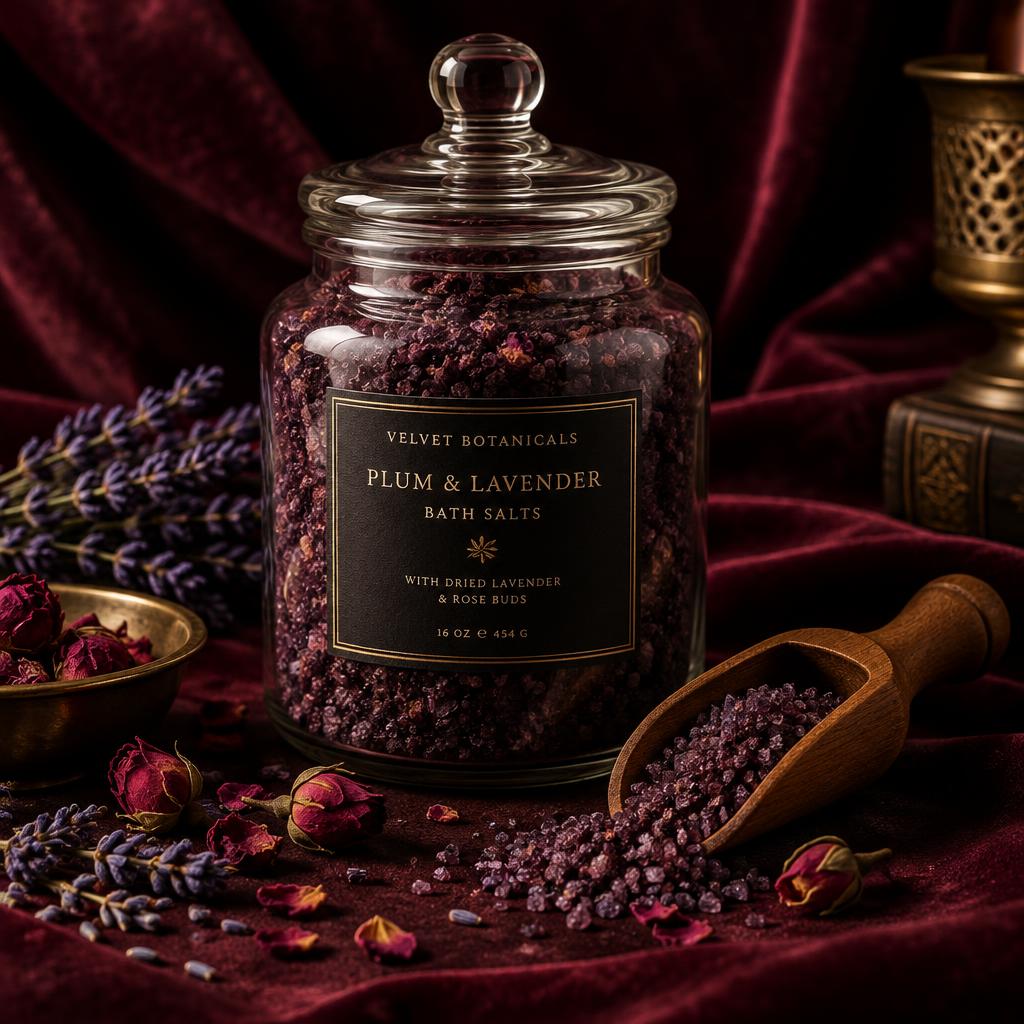 Glass apothecary jar of plum bath salts with lavender and rose buds