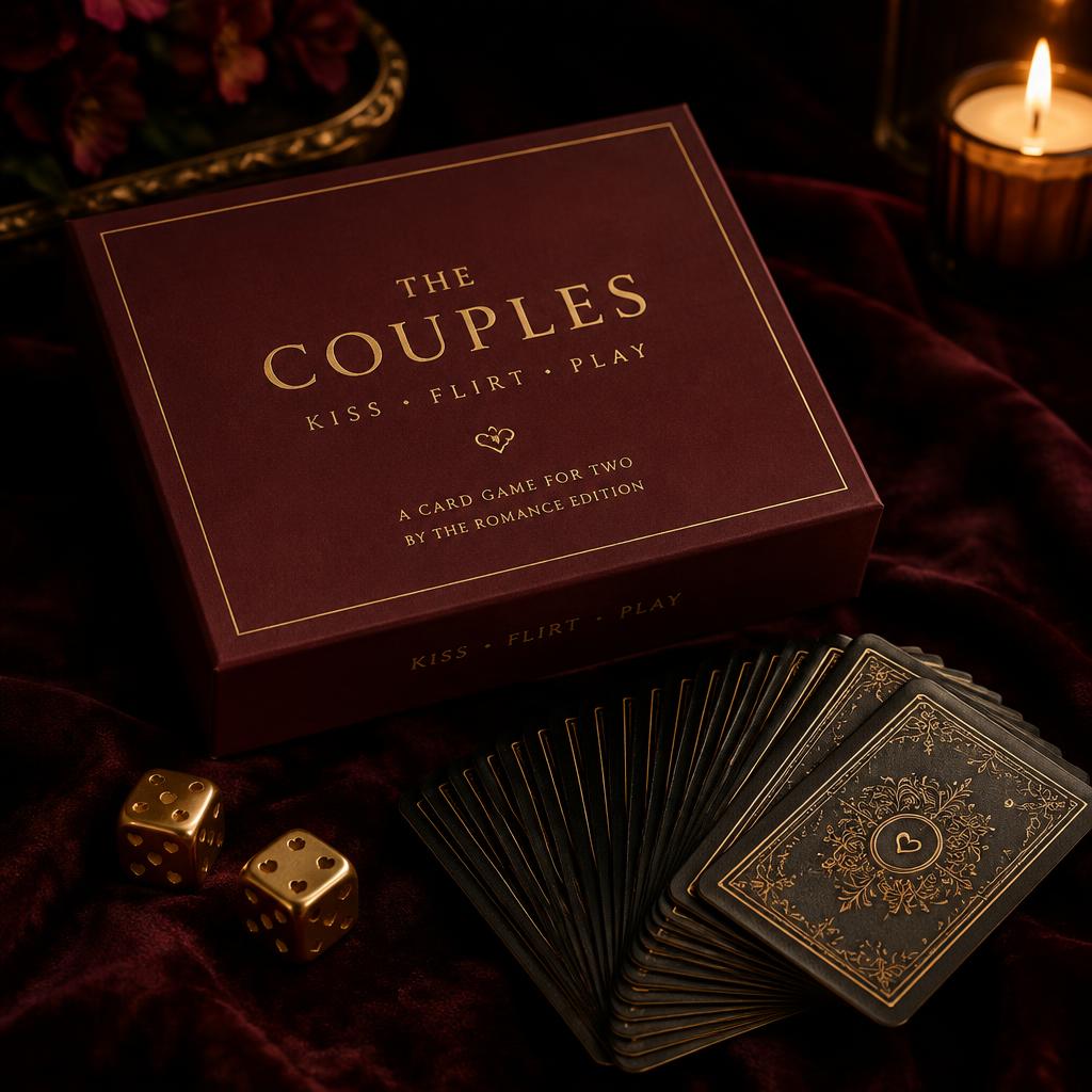 Burgundy couples card game box with gold cards and dice