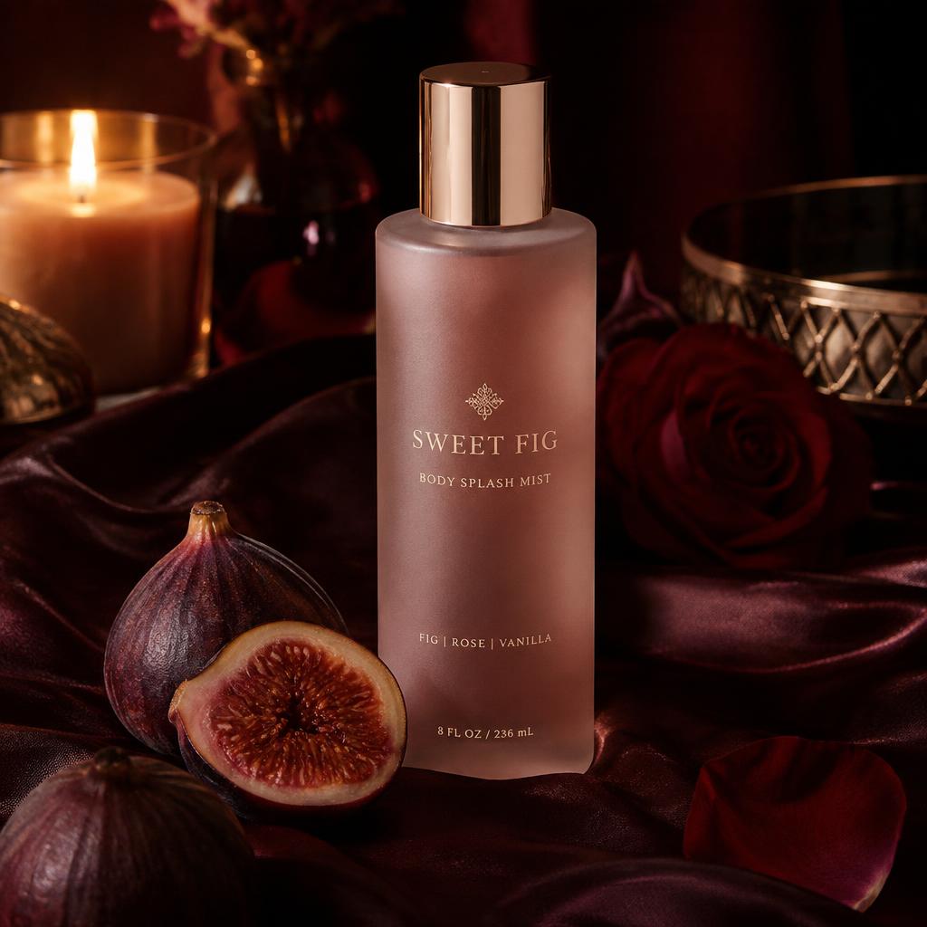 Frosted body splash bottle on dark satin with figs