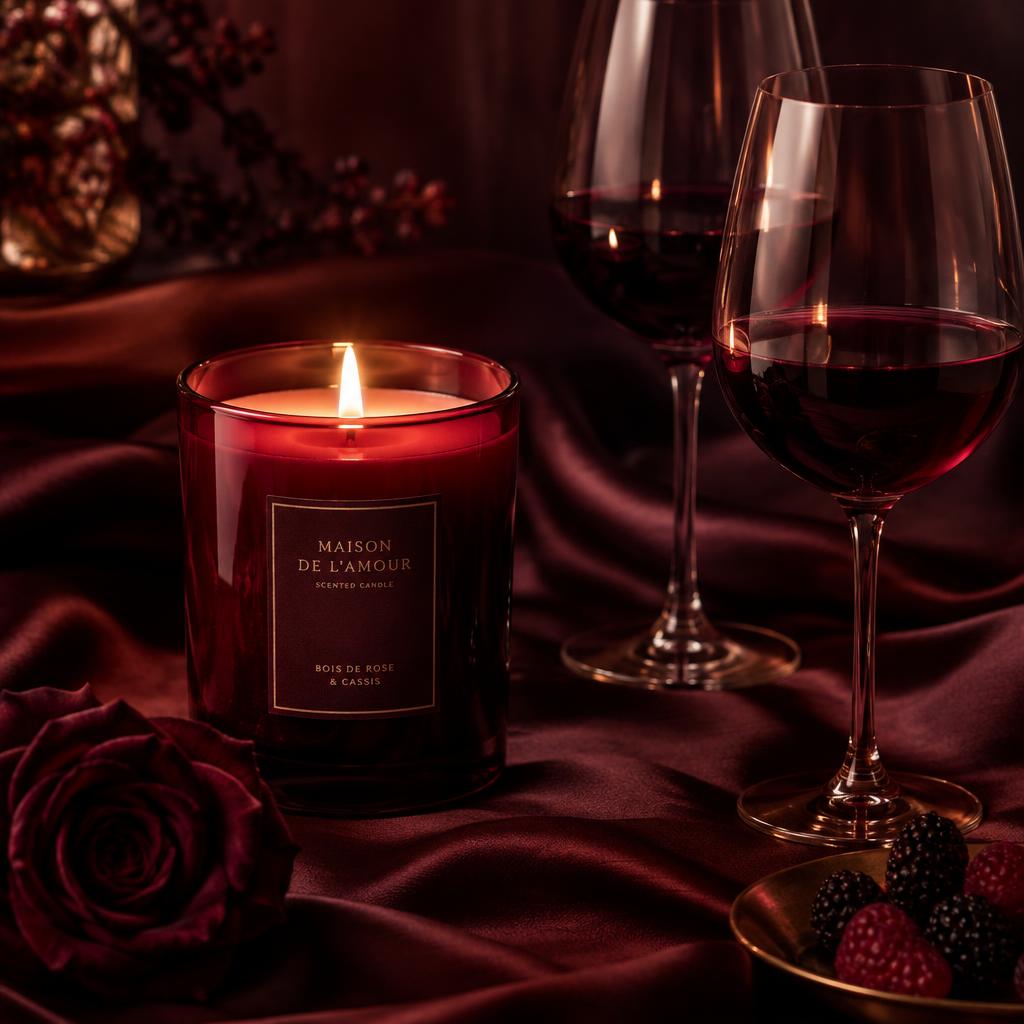 Lit burgundy candle glowing beside two wine glasses on dark silk