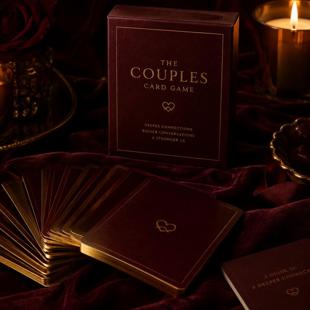 Burgundy couples card game box with gold-edged cards on dark velvet