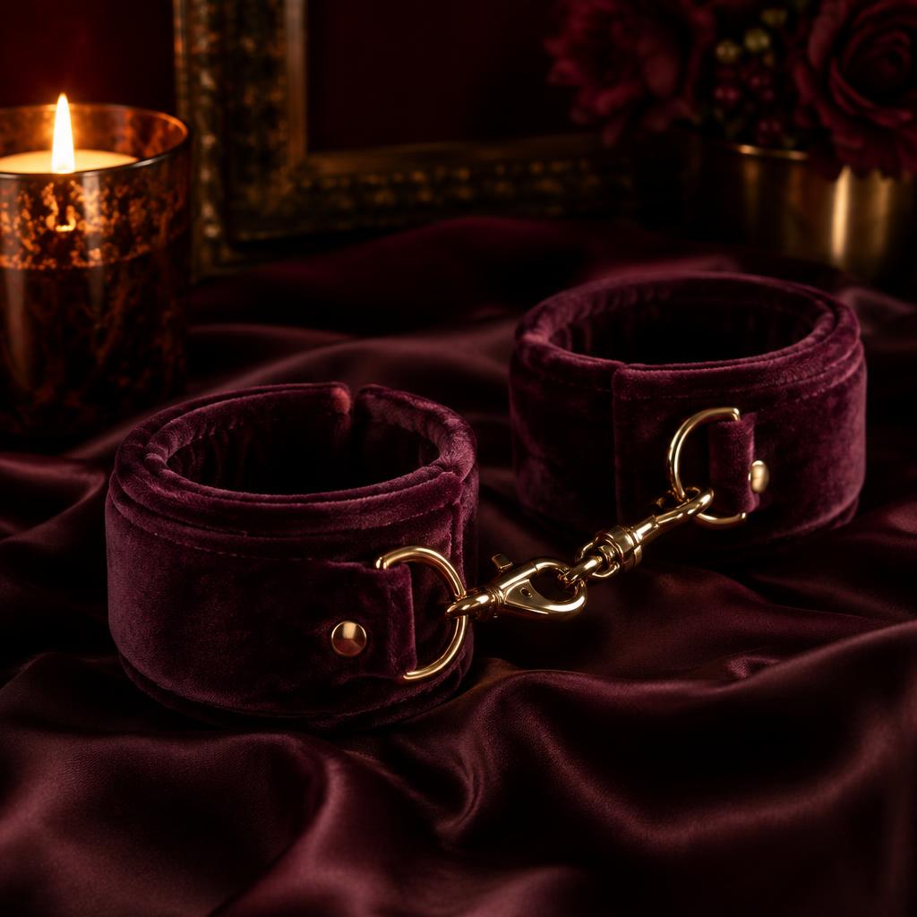Plum velvet cuffs with gold hardware on dark silk