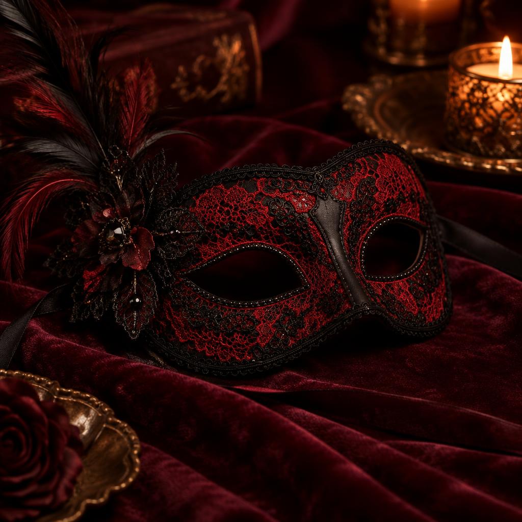 Black and red lace and leather face mask on burgundy velvet