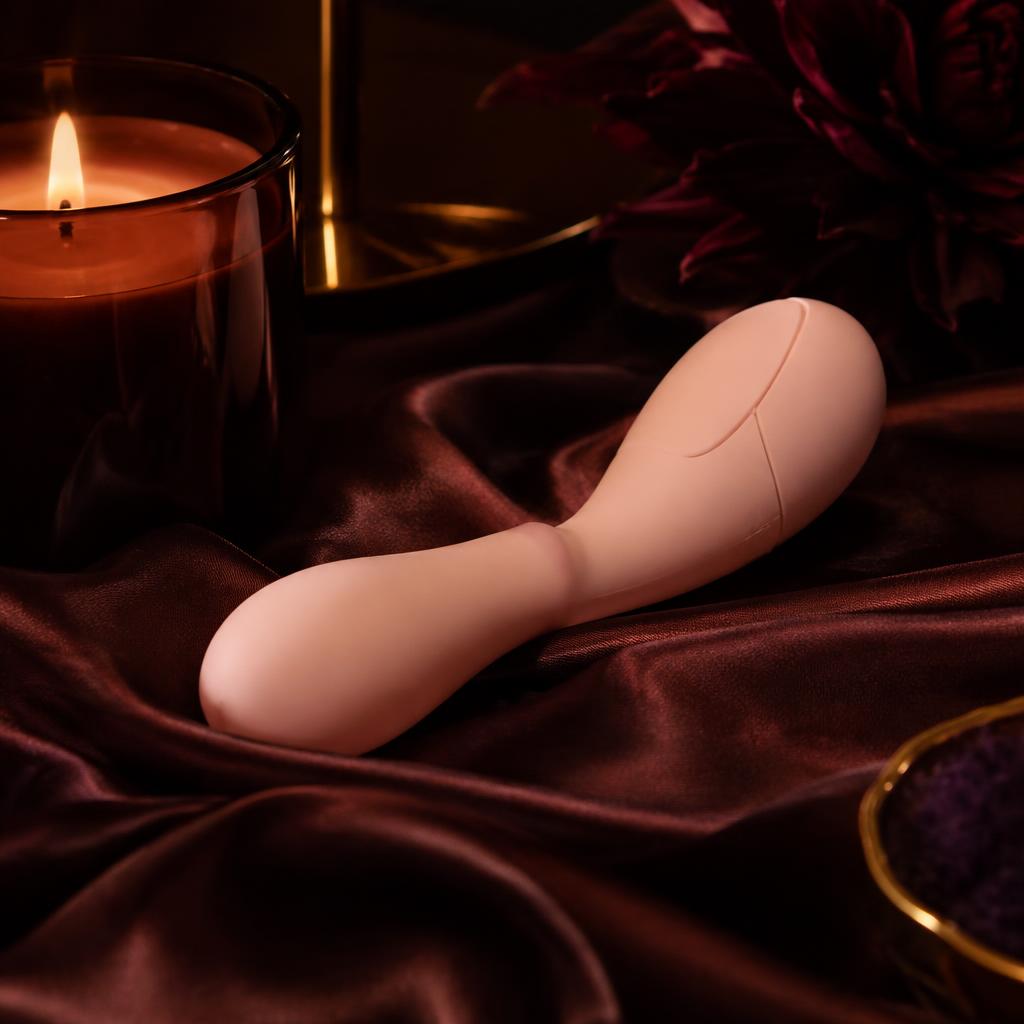 Blush silicone rabbit vibrator on dark satin