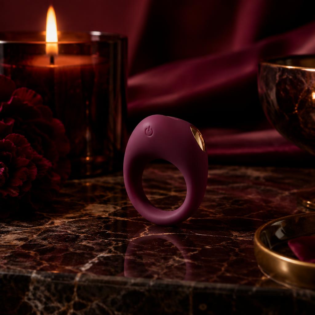 Plum silicone vibrating ring on dark stone