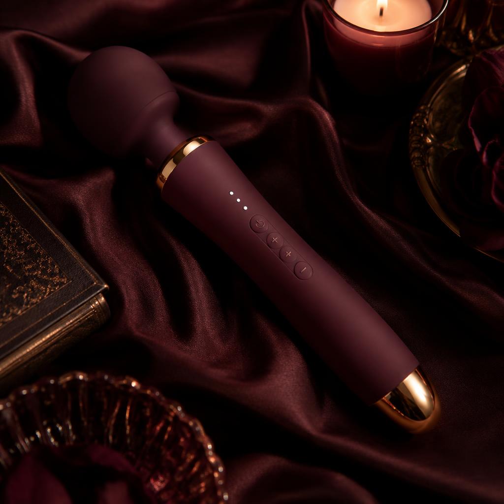 Plum wand vibrator with gold accents on dark silk