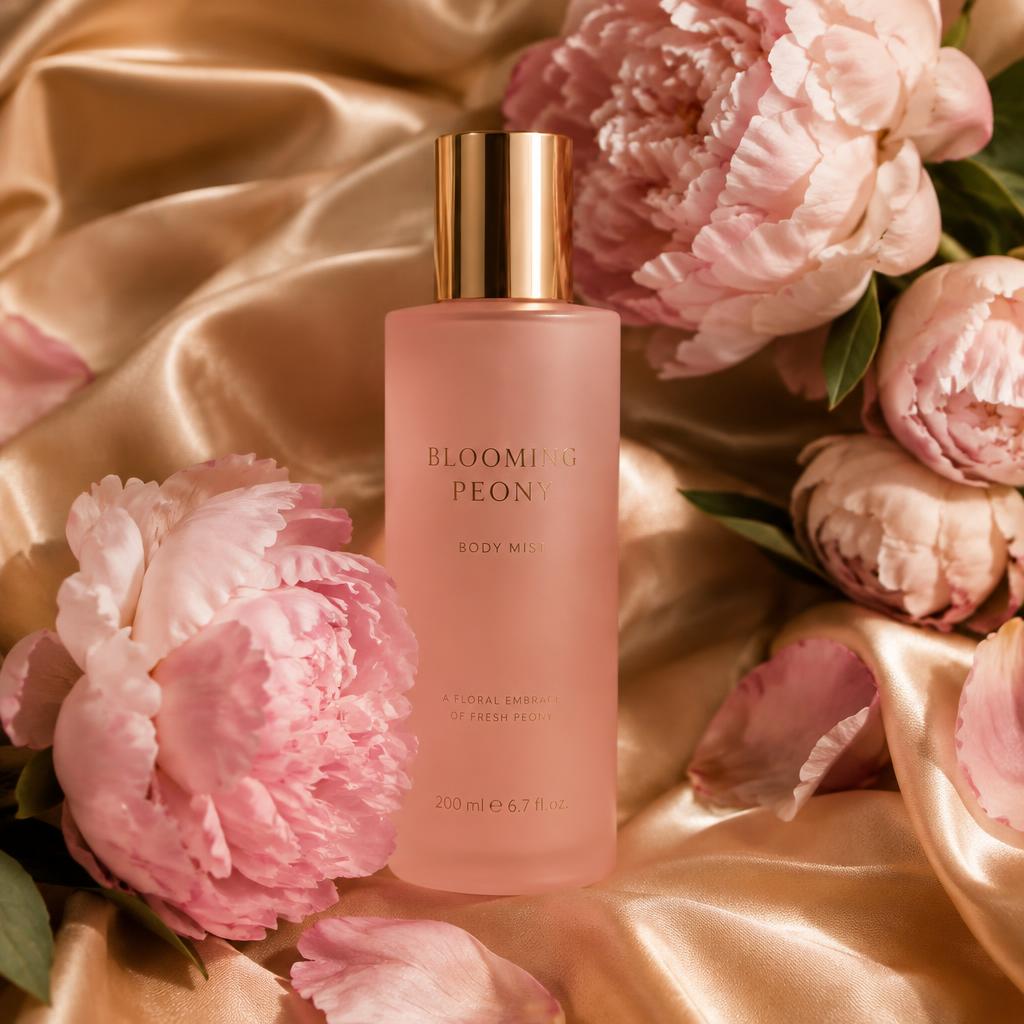 Frosted blush body mist bottle among peonies on satin