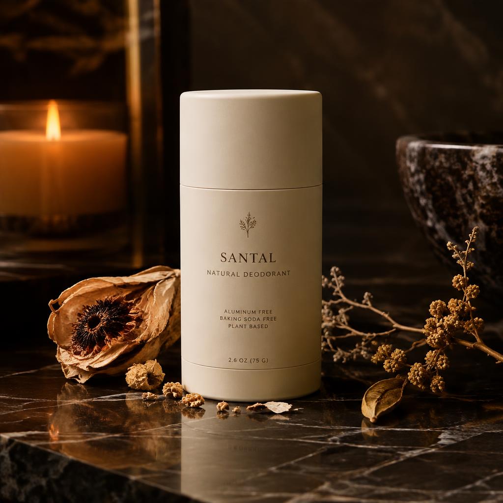 Matte cream deodorant stick on dark stone with botanical accents