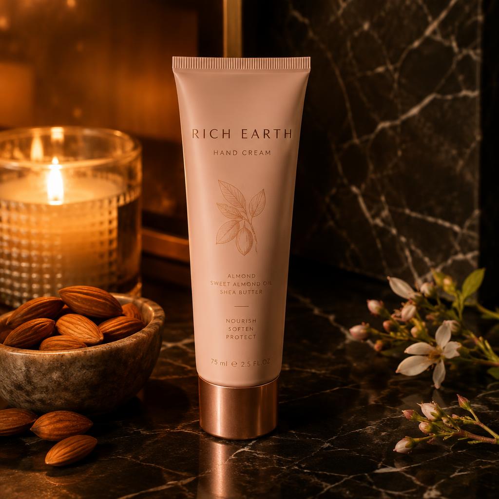 Elegant hand cream tube on marble with almond botanicals