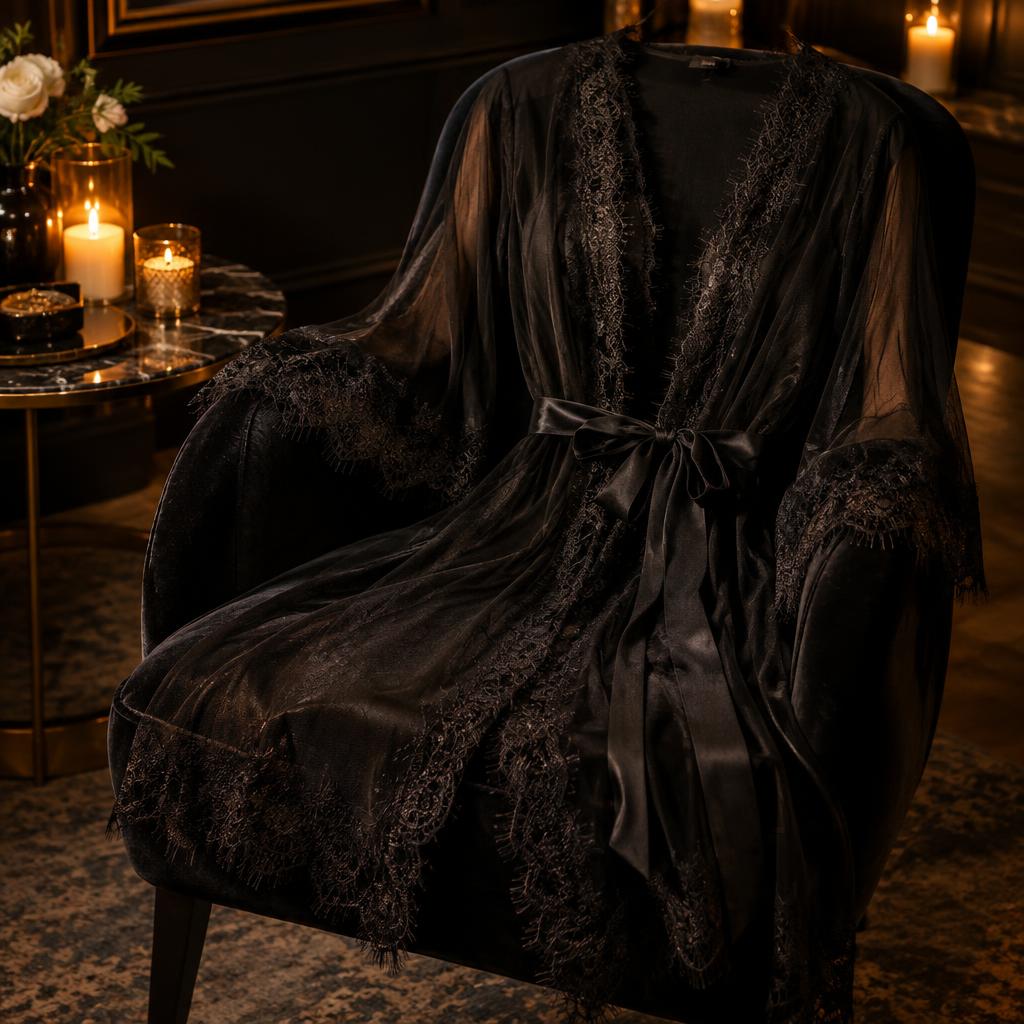 Sheer black lace robe draped over a velvet chair in candlelight
