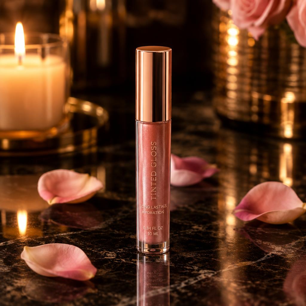 Rose-gold lip gloss tube on dark stone with soft petals