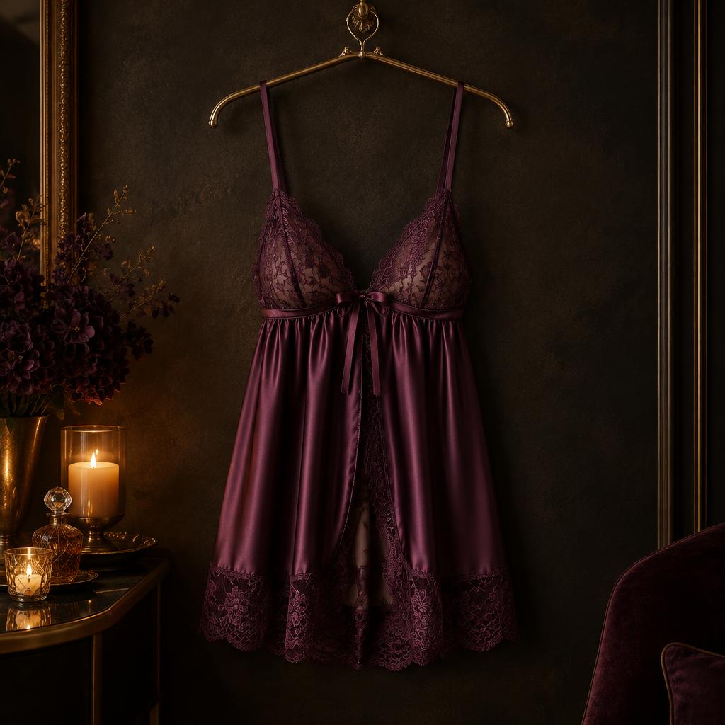 Plum satin and lace babydoll nightie on a brass hanger against a dark wall
