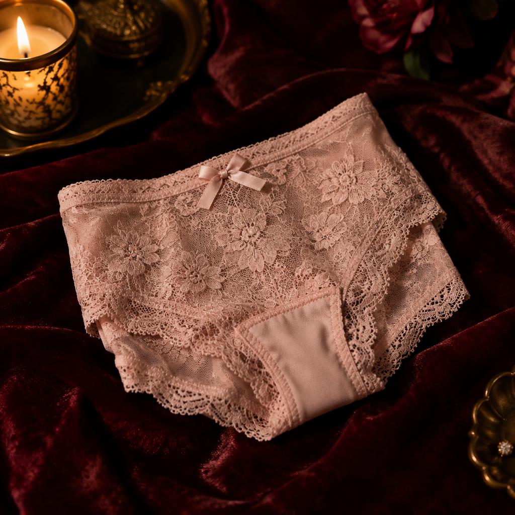 Delicate lace briefs folded on burgundy velvet