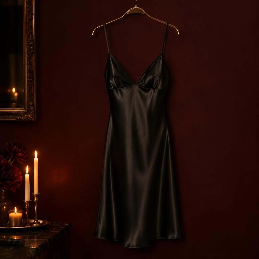 Black satin slip dress on a brass hanger against a dark wall