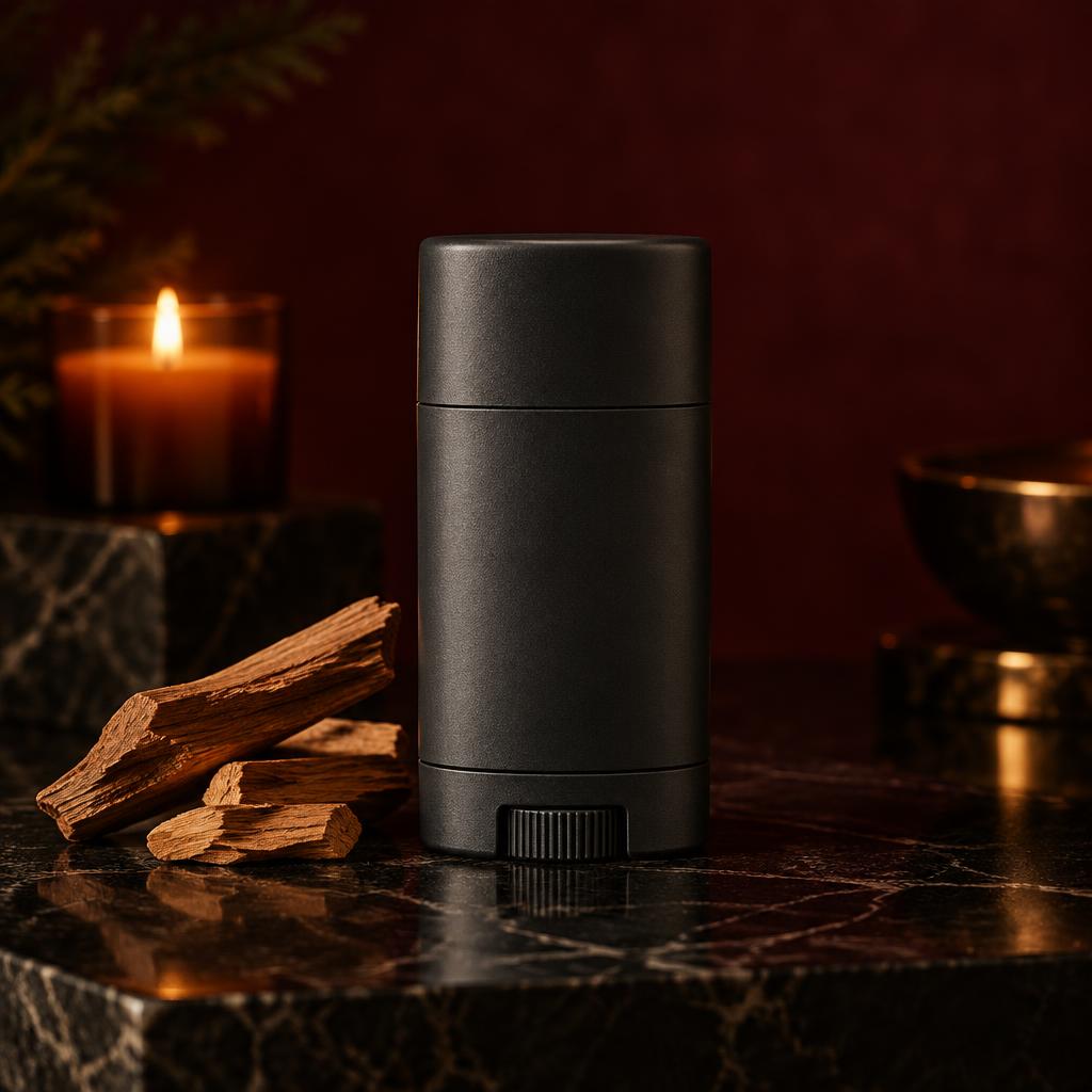Matte charcoal deodorant stick on dark stone with cedar accents