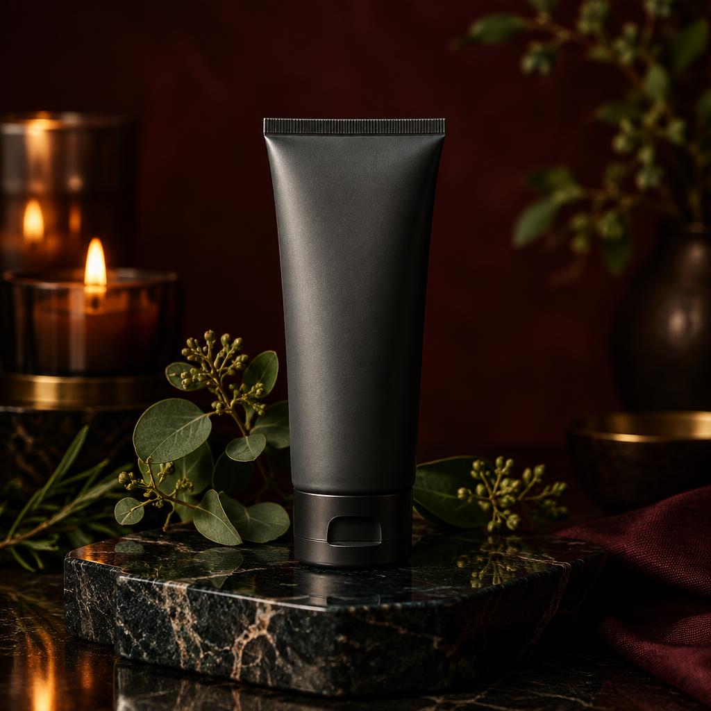Charcoal hand cream tube on dark stone with botanical accents