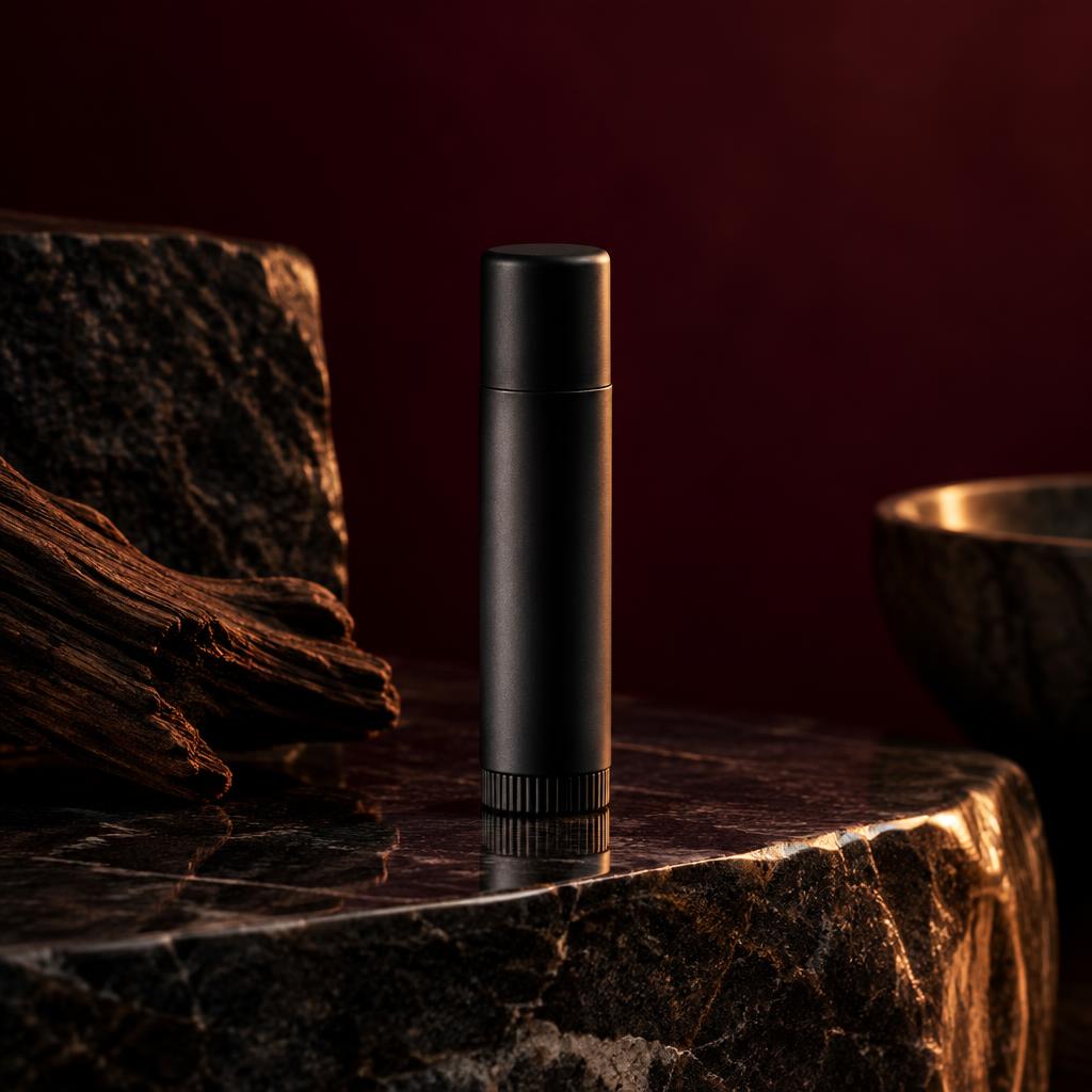 Dark lip balm tube on dark stone with soft light