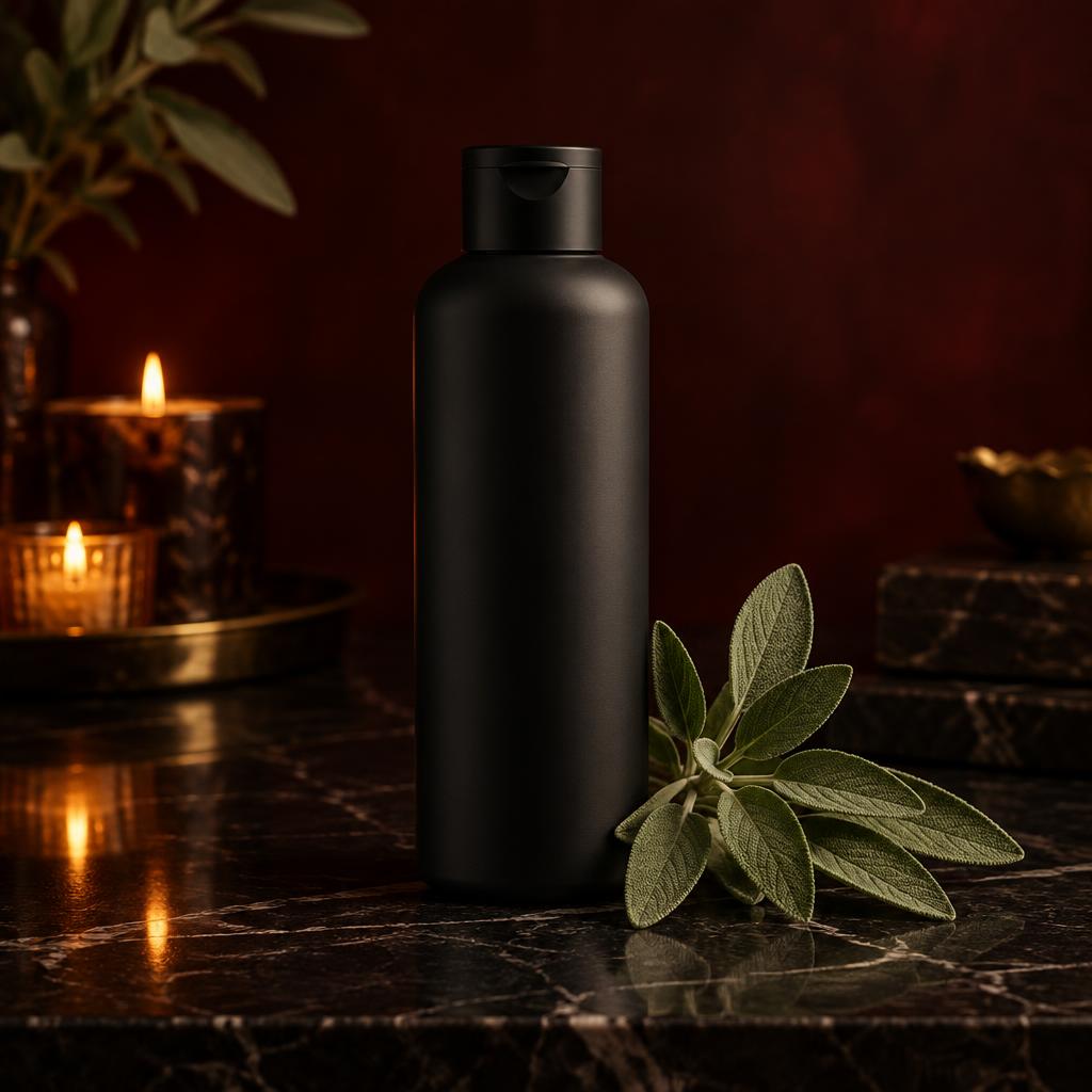 Dark matte shampoo bottle on dark marble with sage leaves