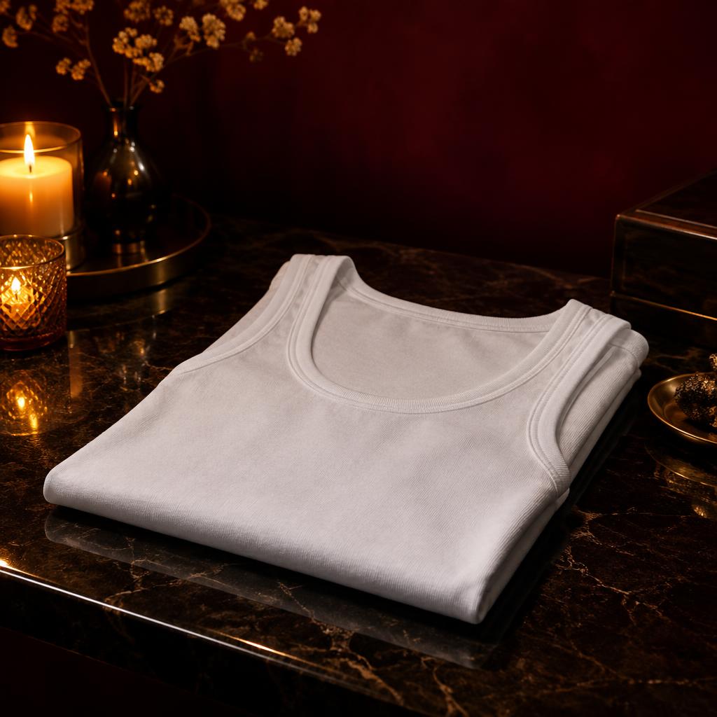 Crisp cotton singlet folded on dark stone