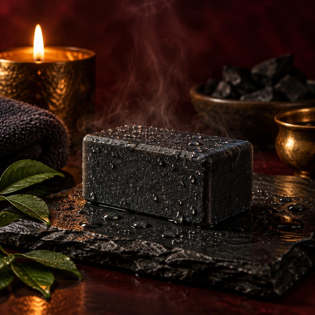 Charcoal bath soap bar on slate with water droplets