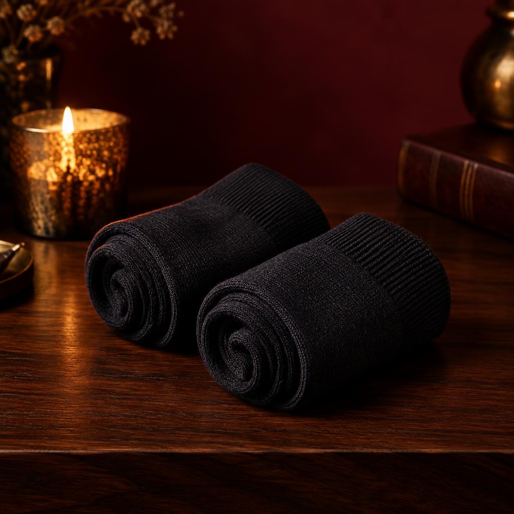 Pair of dark cotton socks neatly rolled on dark wood