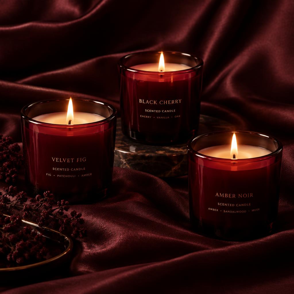 Three small lit candles in burgundy glass jars on dark silk