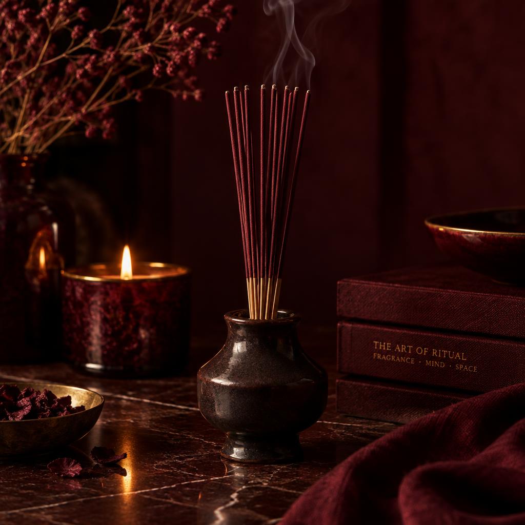 Bundle of incense sticks in a dark ceramic holder with soft smoke