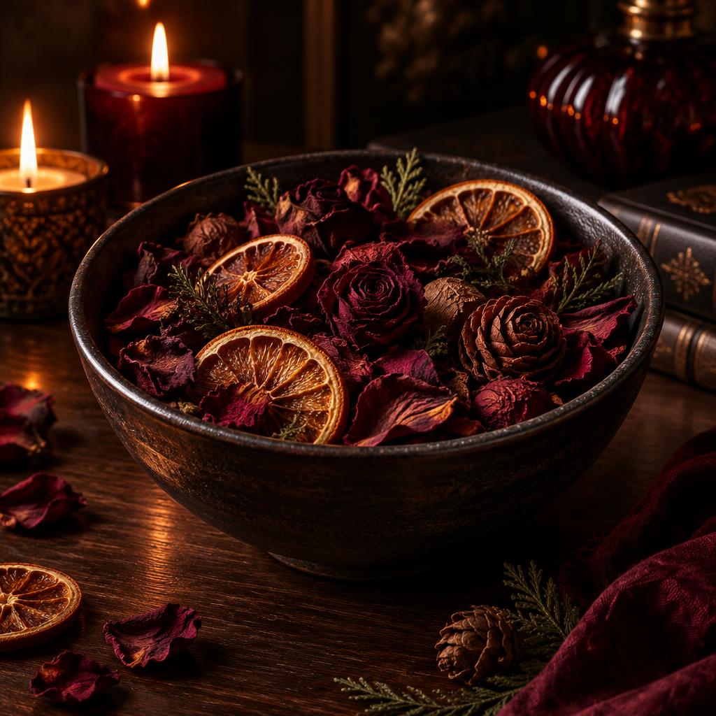 Dark ceramic bowl of dried rose and citrus potpourri on wood