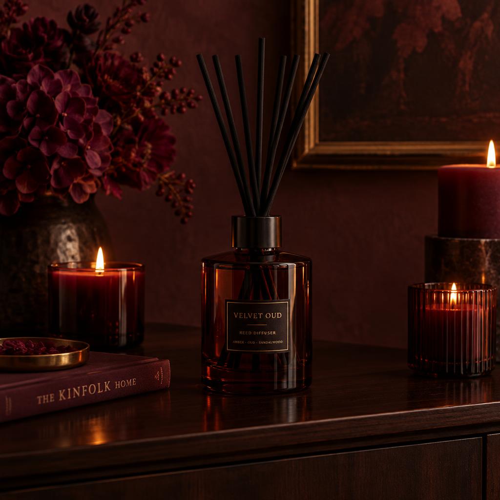 Amber glass reed diffuser with black reeds on a dark wooden console