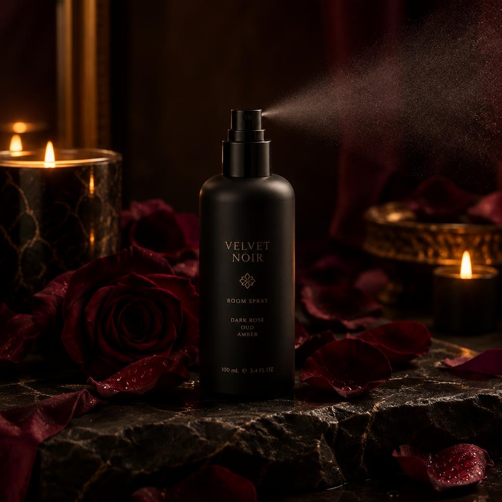 Matte black room spray bottle on dark stone with rose petals