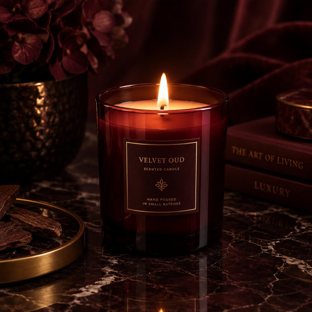 Lit burgundy glass scented candle glowing on dark marble
