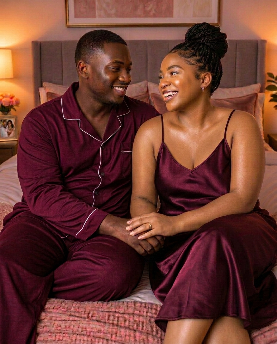 Smiling middle-aged Nigerian couple in matching nightwear on their bed