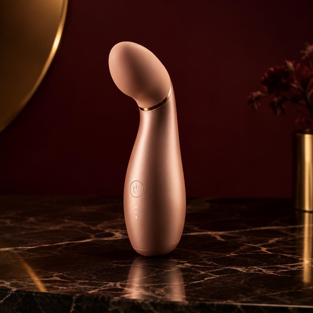 Rose-gold sculptural wellness device on dark marble