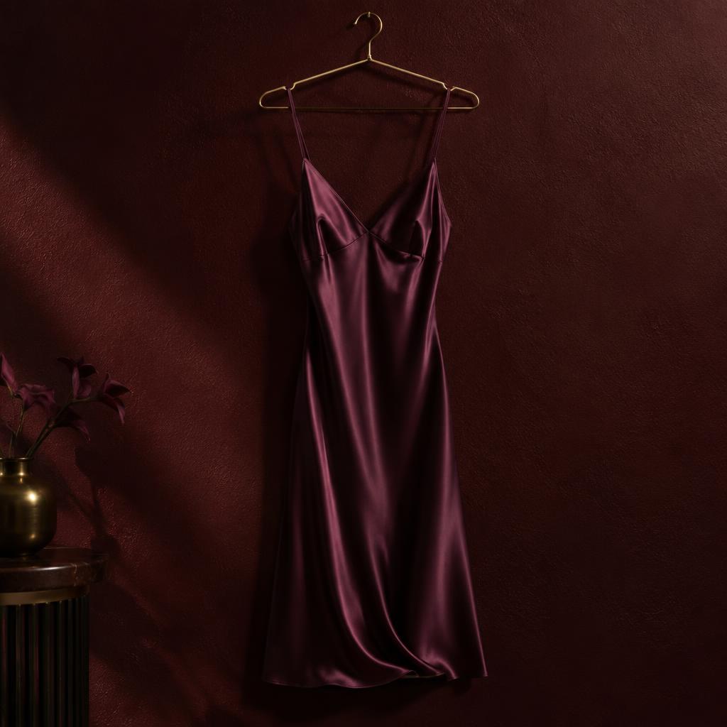 Plum satin slip dress on a brass hanger against a dark wall