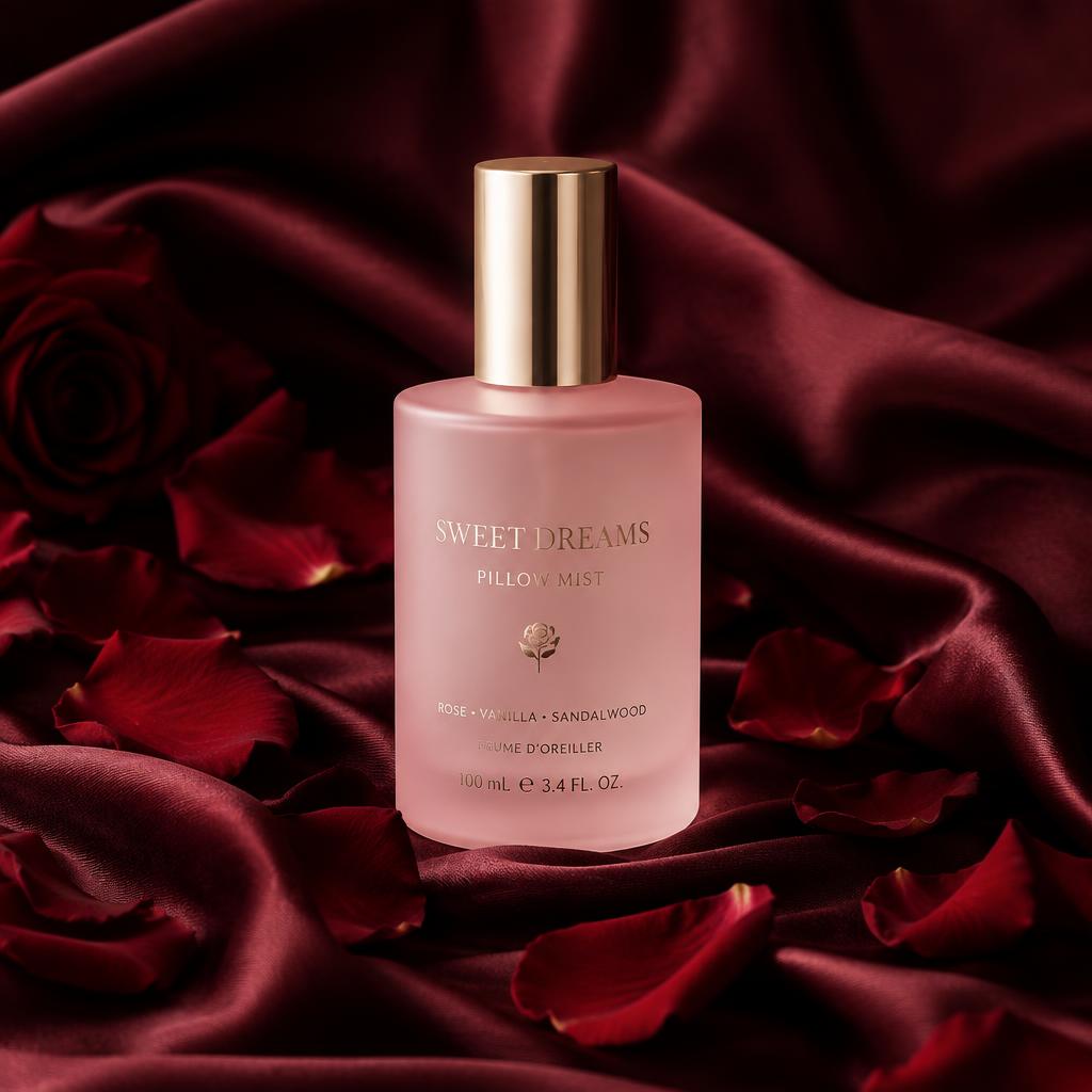 Blush pillow mist bottle surrounded by rose petals on satin