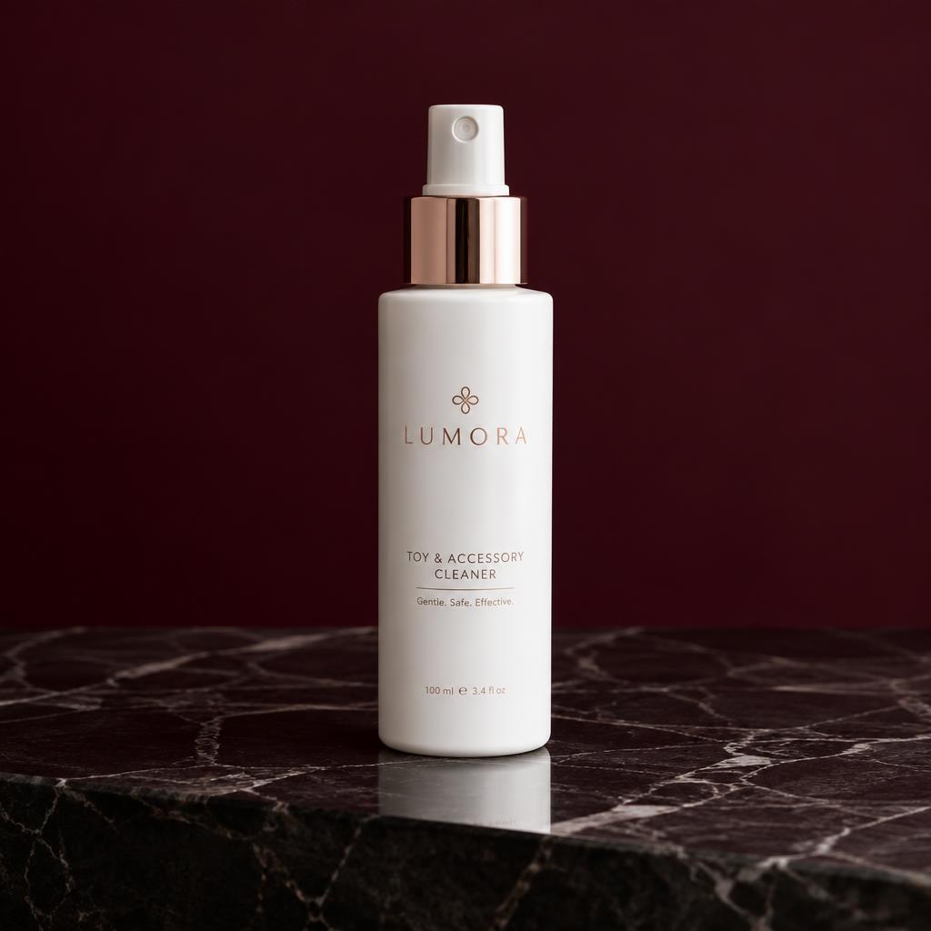 White and rose-gold spray bottle of accessory cleaner on marble