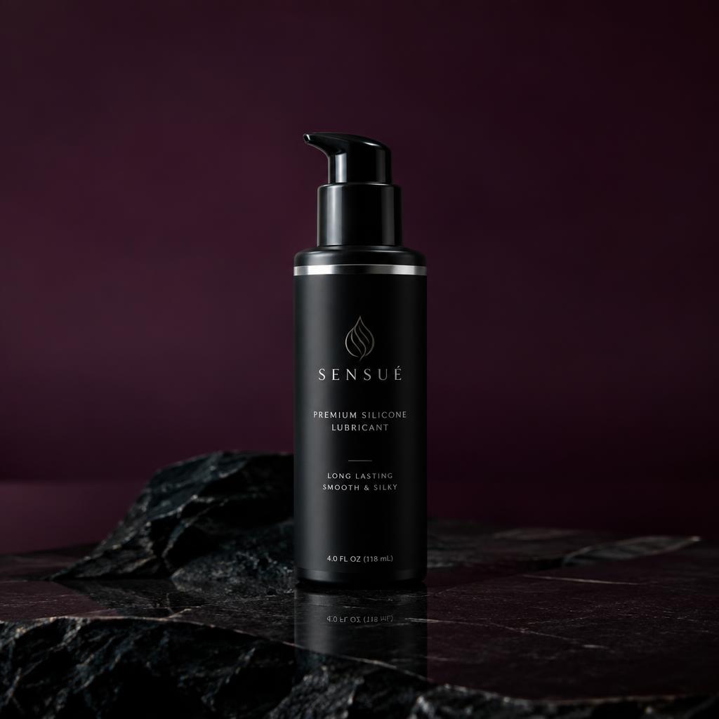 Matte black pump bottle of silicone lubricant on polished stone