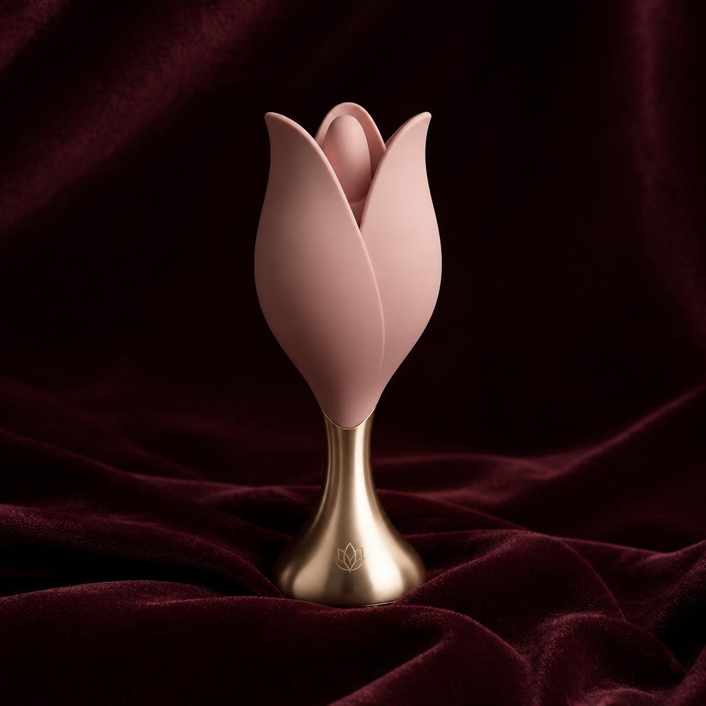 Blush tulip-shaped wellness device with gold stem on velvet