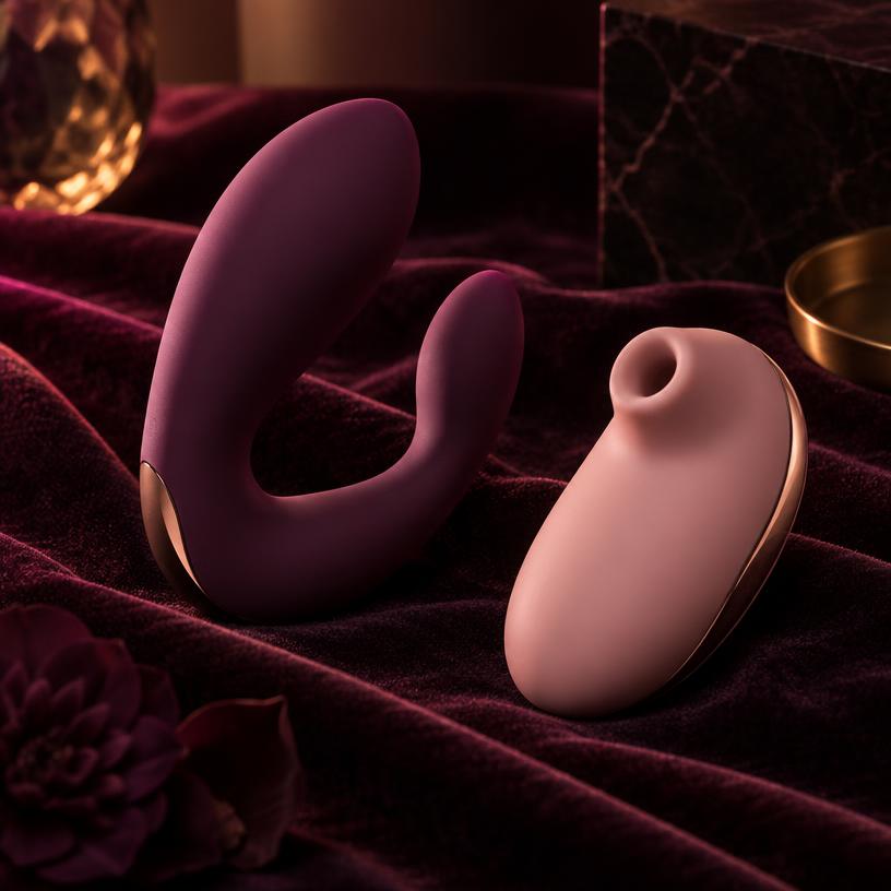 Two sculptural wellness devices on velvet